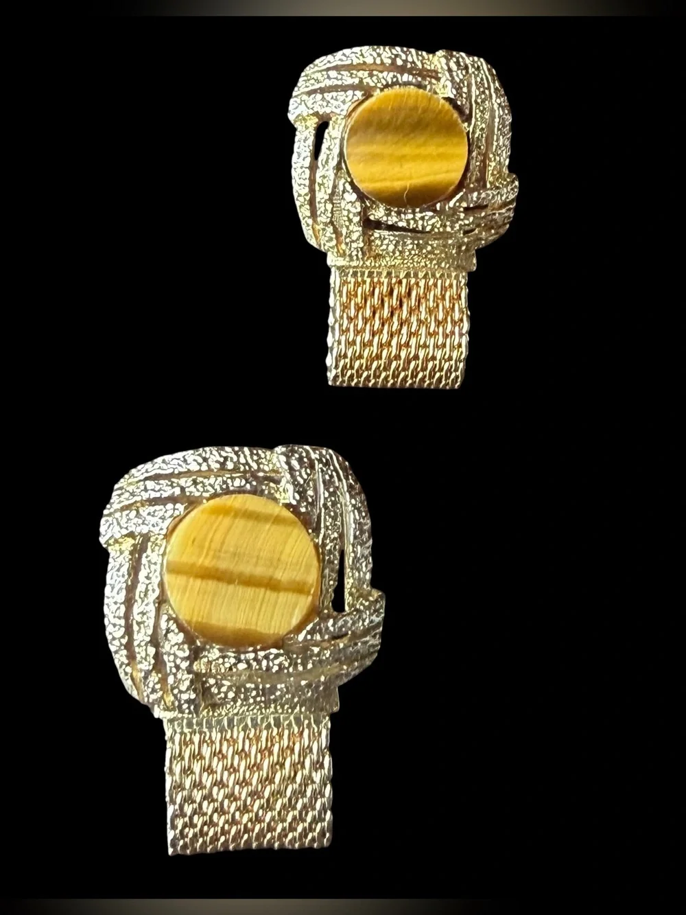 Mid Century Vintage Cuff Links w/ Tiger Eye Gemstones & Mesh Band